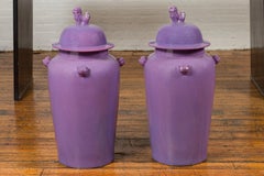 Pair of Chinese Covered Altar Vases with Lavender Patina and Guardian Lions