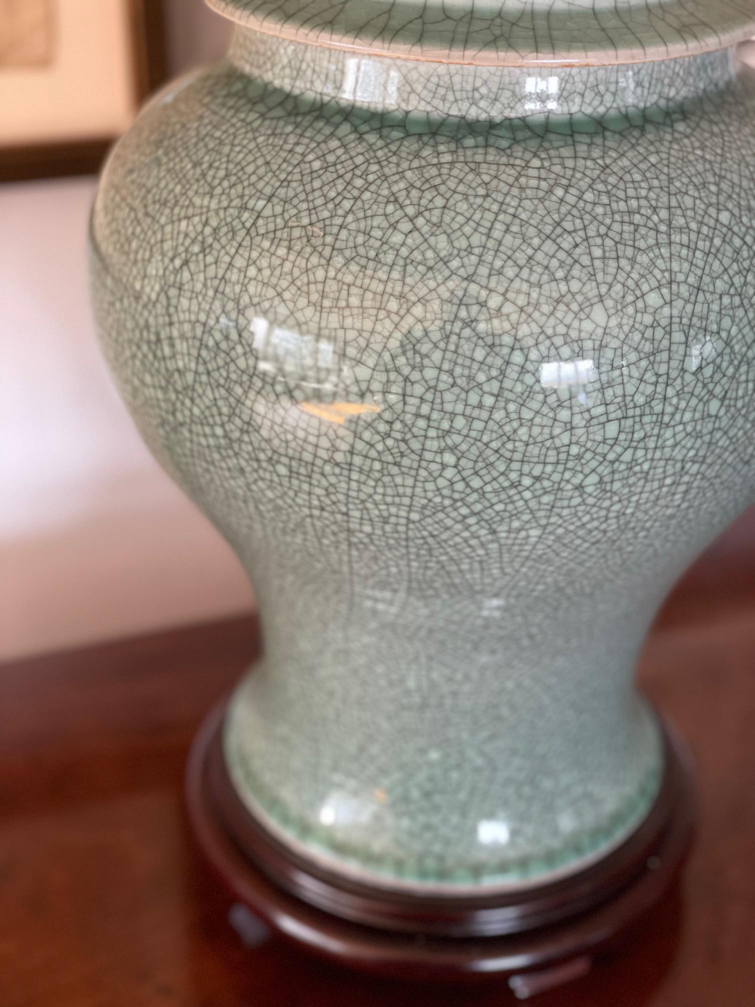 Pair of Chinese Crackle Celadon Temple Jar Table Lamps In Good Condition In New York, NY