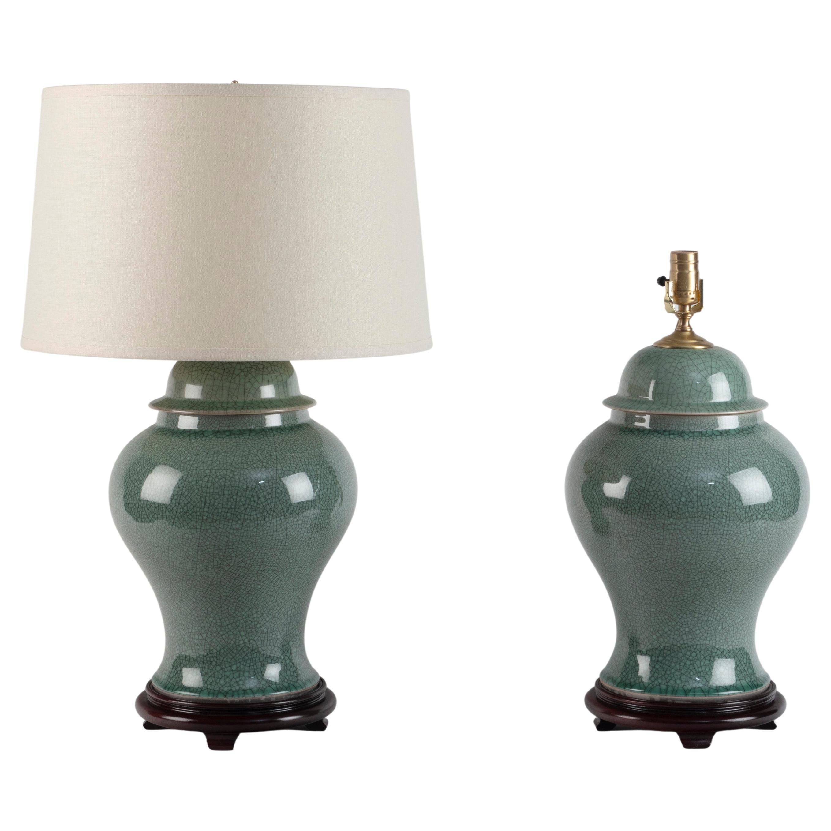 Pair of Chinese Crackle Celadon Temple Jar Table Lamps