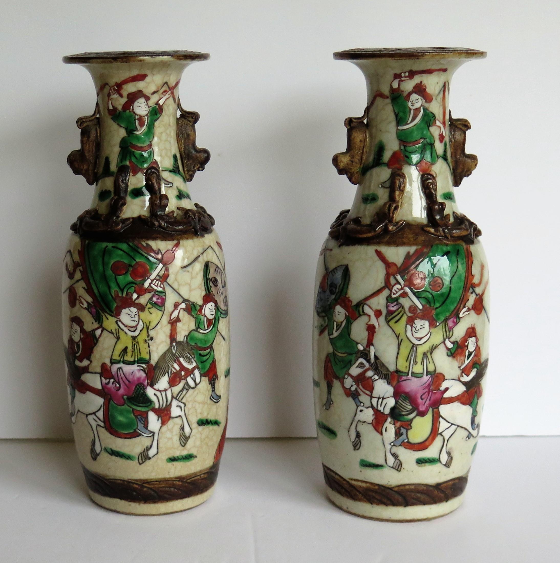Chinese Export PAIR of Chinese crackle glaze ceramic Vases hand painted, Qing Late 19th Century