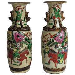 Antique PAIR of Chinese crackle glaze ceramic Vases hand painted, Qing Late 19th Century