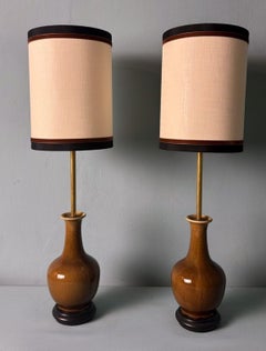 Pair of Chinese Crackle Glazed Porcelain Lamps with Wooden Base and Lampshades
