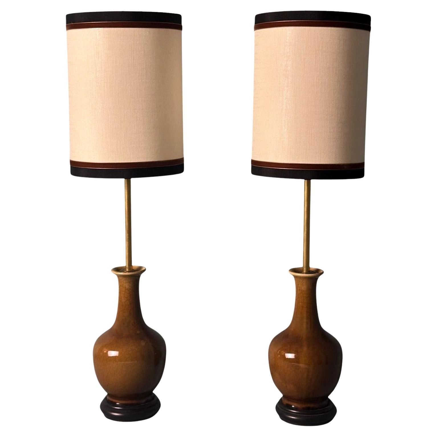 Pair of Chinese Crackle Glazed Porcelain Lamps with Wooden Base and Lampshades
