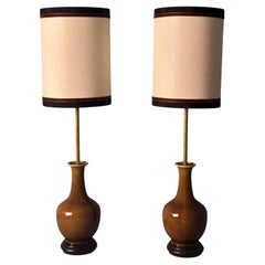 Pair of Chinese Crackle Glazed Porcelain Lamps with Wooden Base and Lampshades