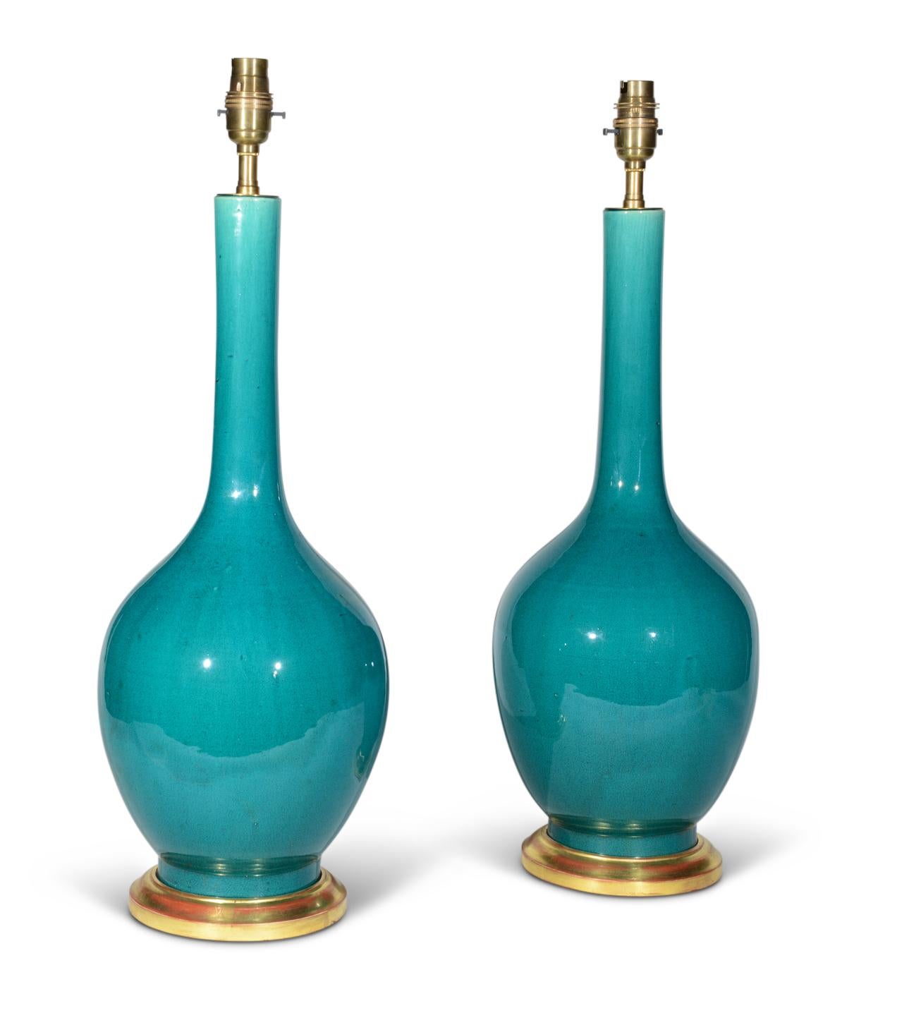 Pair of Chinese Deep Turquoise Green Glazed Porcelain Table Lamps In Good Condition In London, GB
