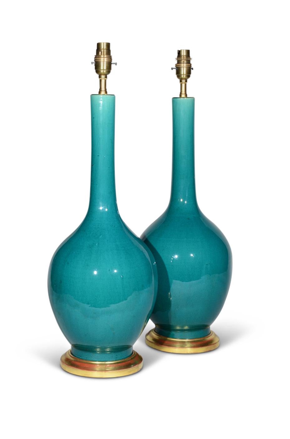 Pair of Chinese Deep Turquoise Green Glazed Porcelain Table Lamps 1