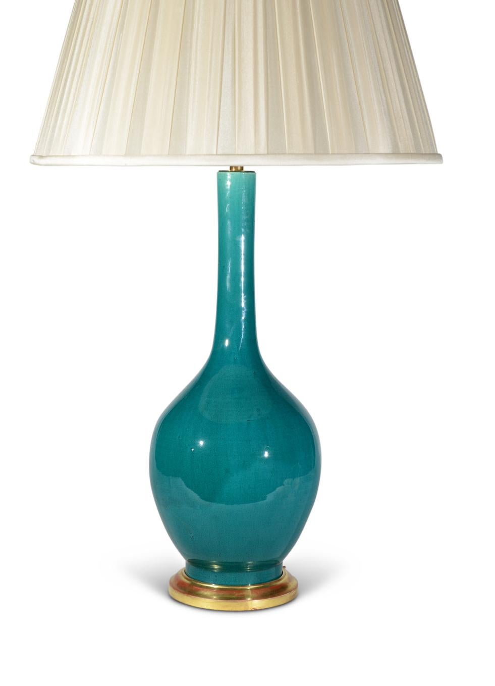 Pair of Chinese Deep Turquoise Green Glazed Porcelain Table Lamps 2