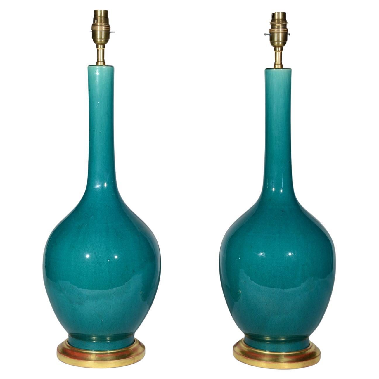 Pair of Chinese Deep Turquoise Green Glazed Porcelain Table Lamps