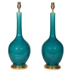 Pair of Chinese Deep Turquoise Green Glazed Porcelain Table Lamps