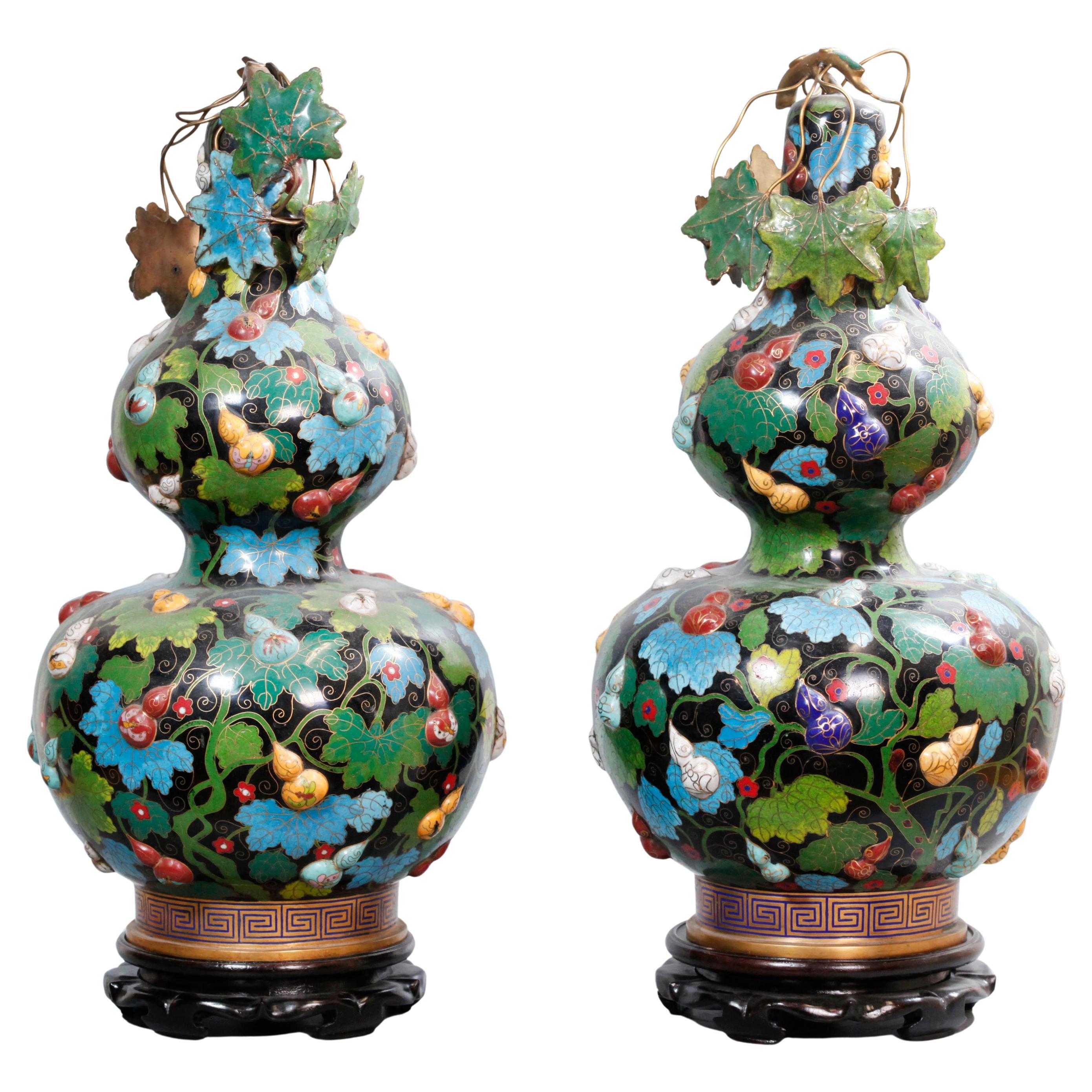 Pair of Chinese Double Gourd Cloisonné Cover Vases