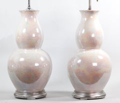 Pair of Chinese Double Gourd Pearlescent Porcelain Vase Lamps