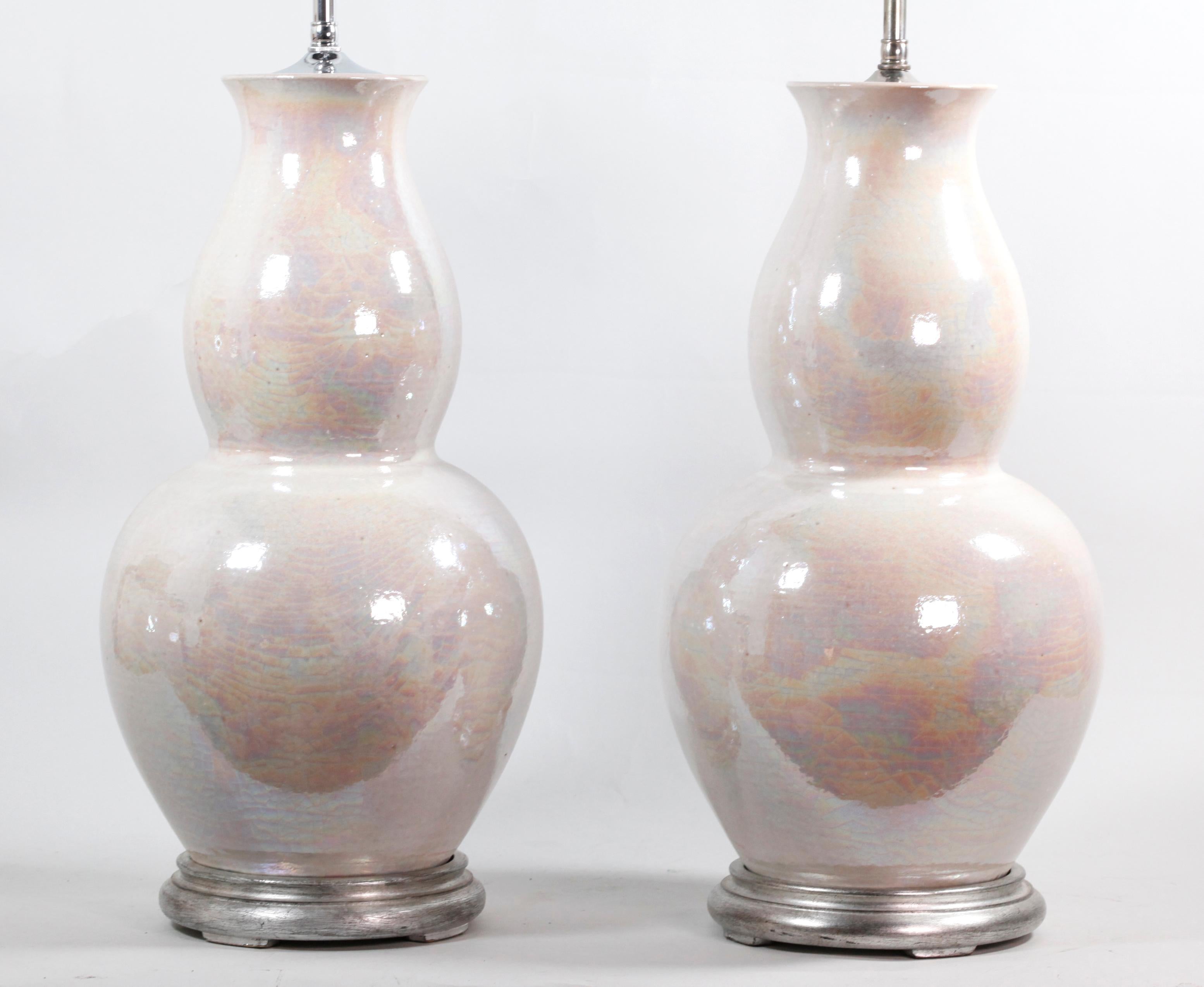 Pair of Chinese Double Gourd Pearlescent Porcelain Vase Lamps In Good Condition For Sale In New York, NY