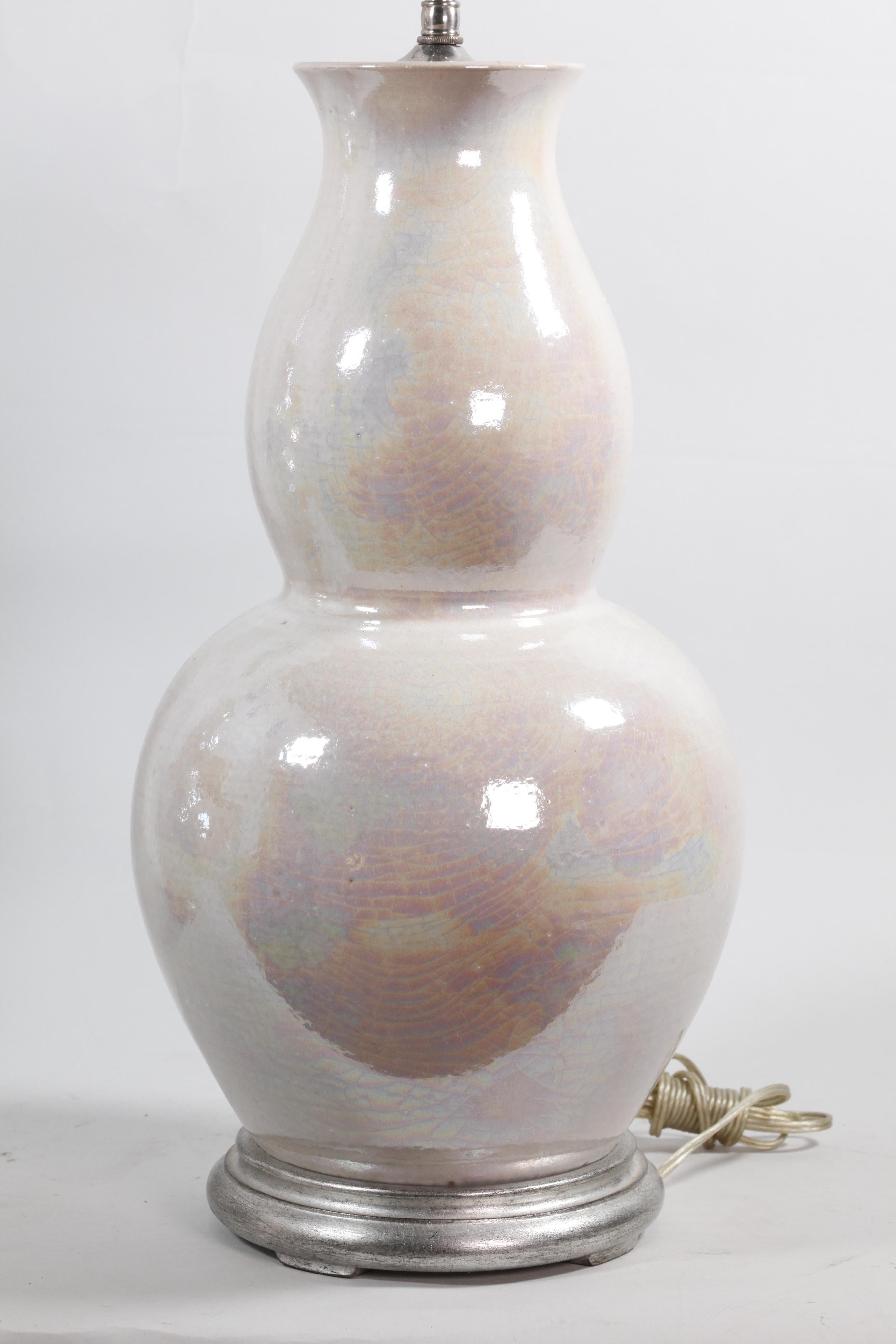 20th Century Pair of Chinese Double Gourd Pearlescent Porcelain Vase Lamps For Sale