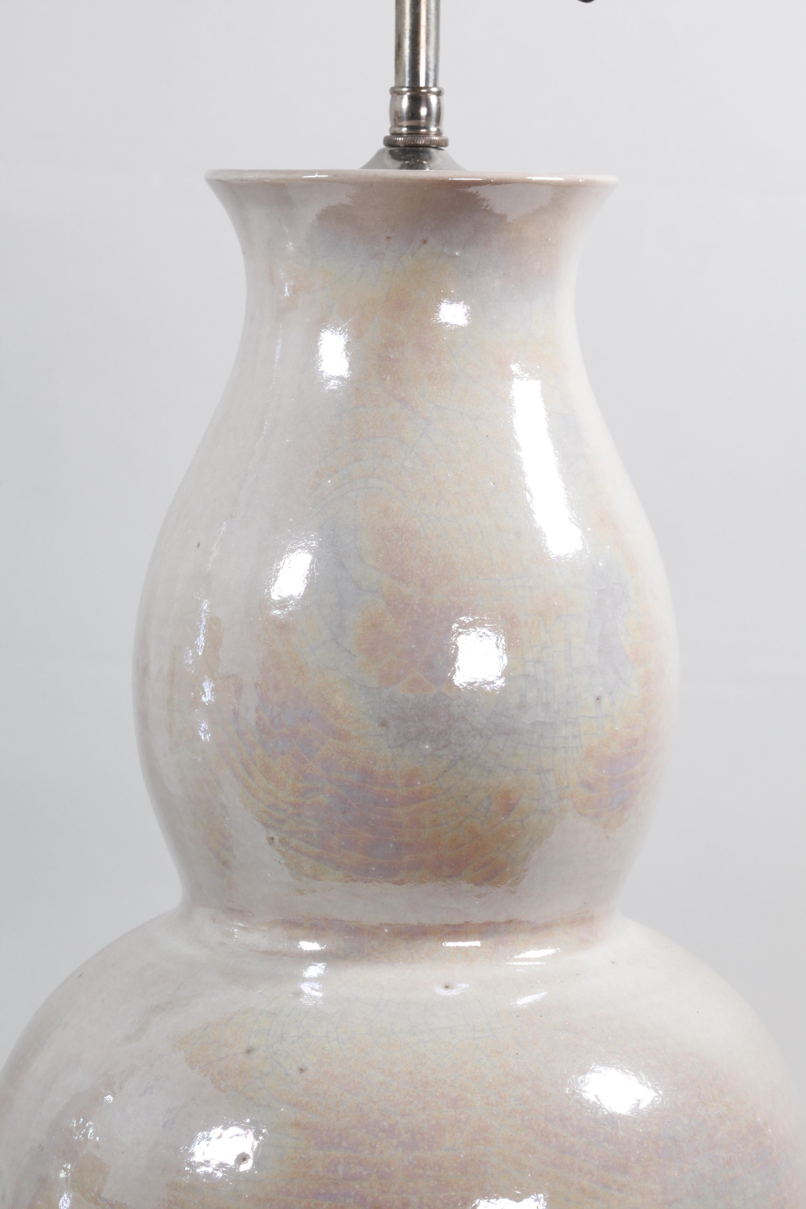 Pair of Chinese Double Gourd Pearlescent Porcelain Vase Lamps For Sale 1