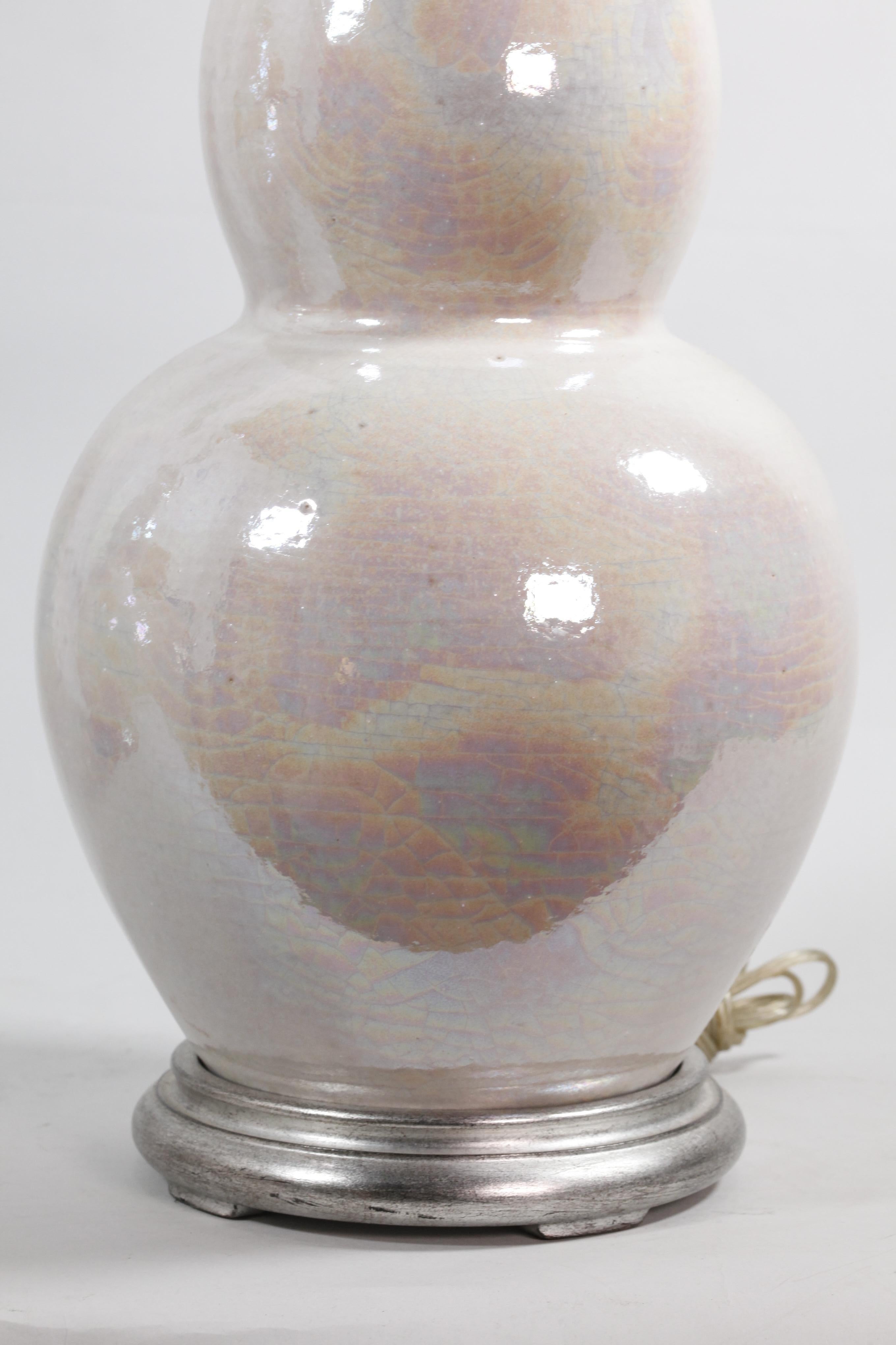 Pair of Chinese Double Gourd Pearlescent Porcelain Vase Lamps For Sale 2