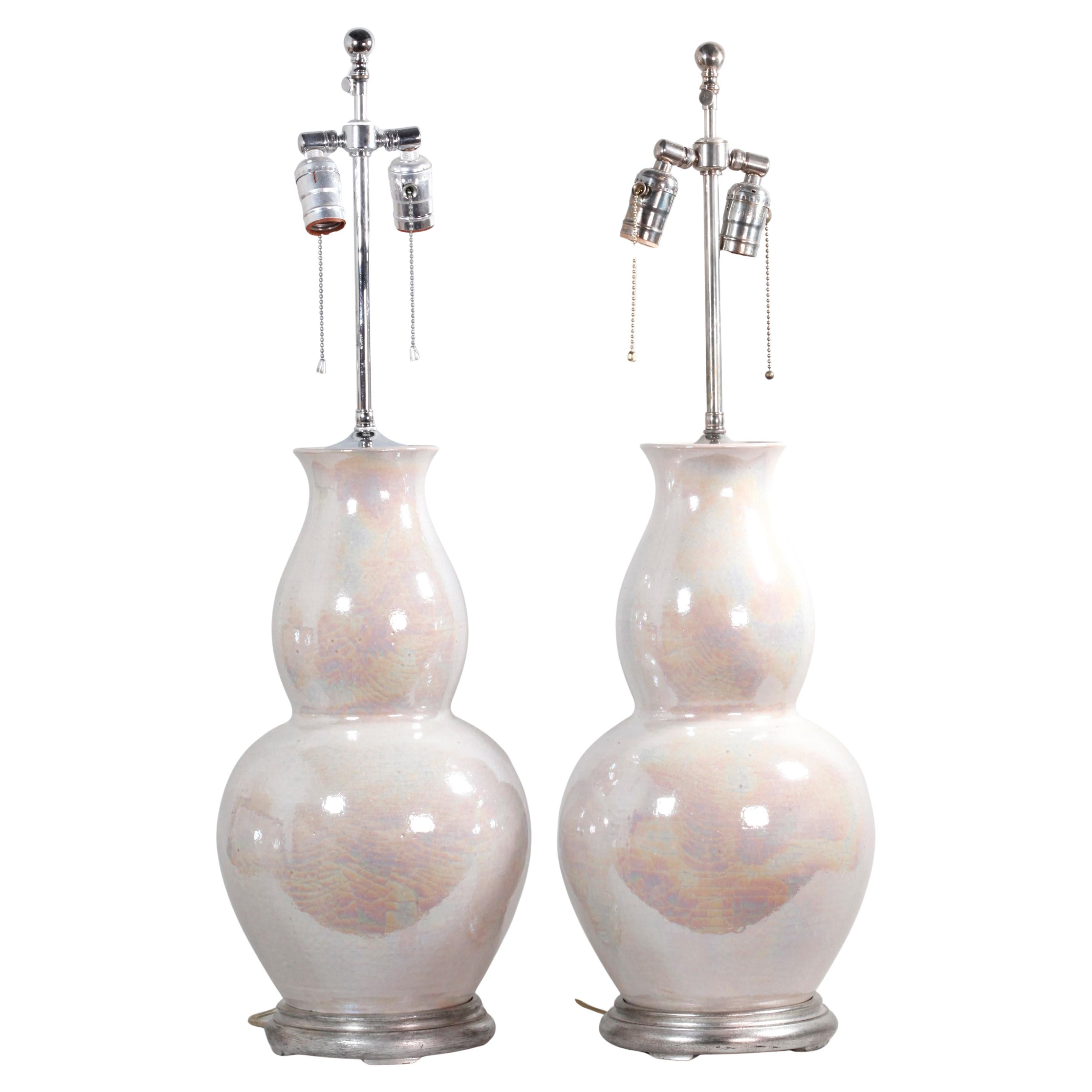 Pair of Chinese Double Gourd Pearlescent Porcelain Vase Lamps For Sale