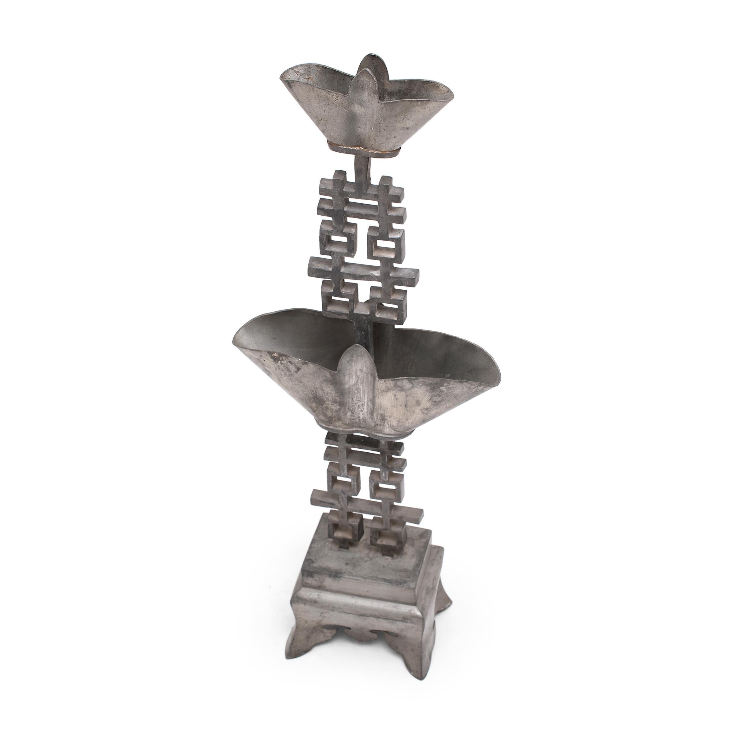 Pair of Chinese Double Happiness Pewter Candle Stands, circa 1920 For Sale 1