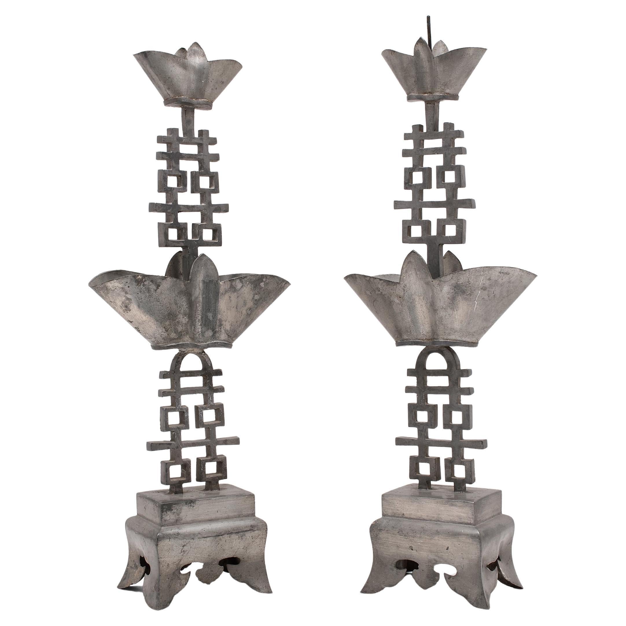 Pair of Chinese Double Happiness Pewter Candle Stands, circa 1920 For Sale