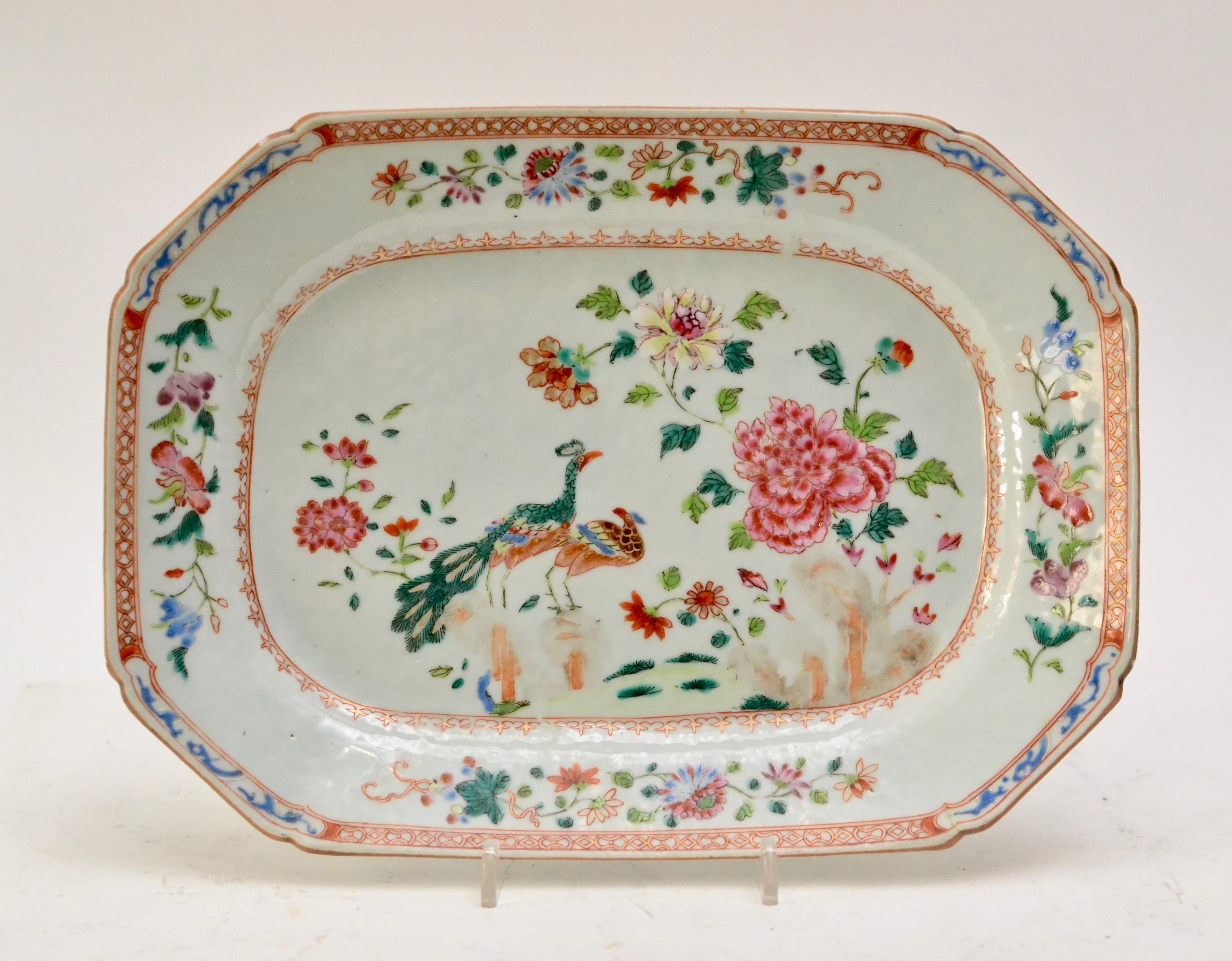 A very nice pair of Chinese double peacock famille rose porcelain plates. Qianlong period (1736-95)