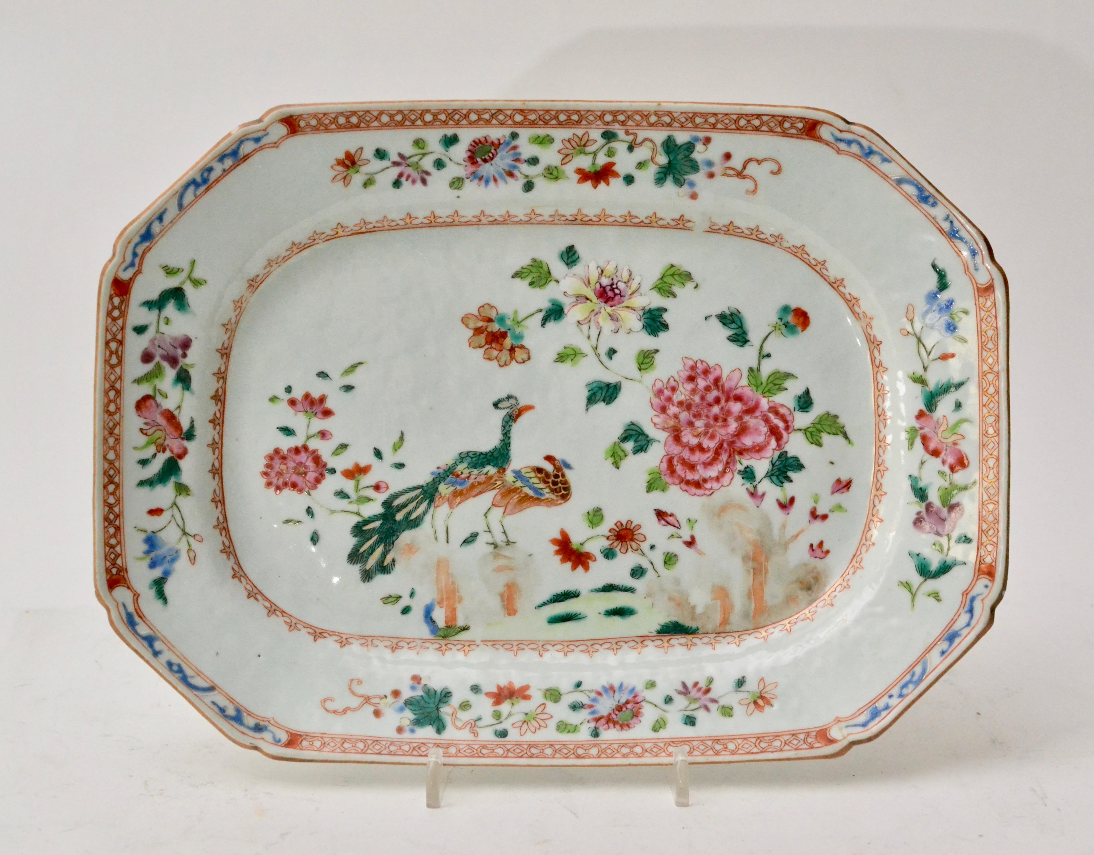 Chinese Export Pair of Chinese Double Peacock Famille Rose Plates. Qianlong Period