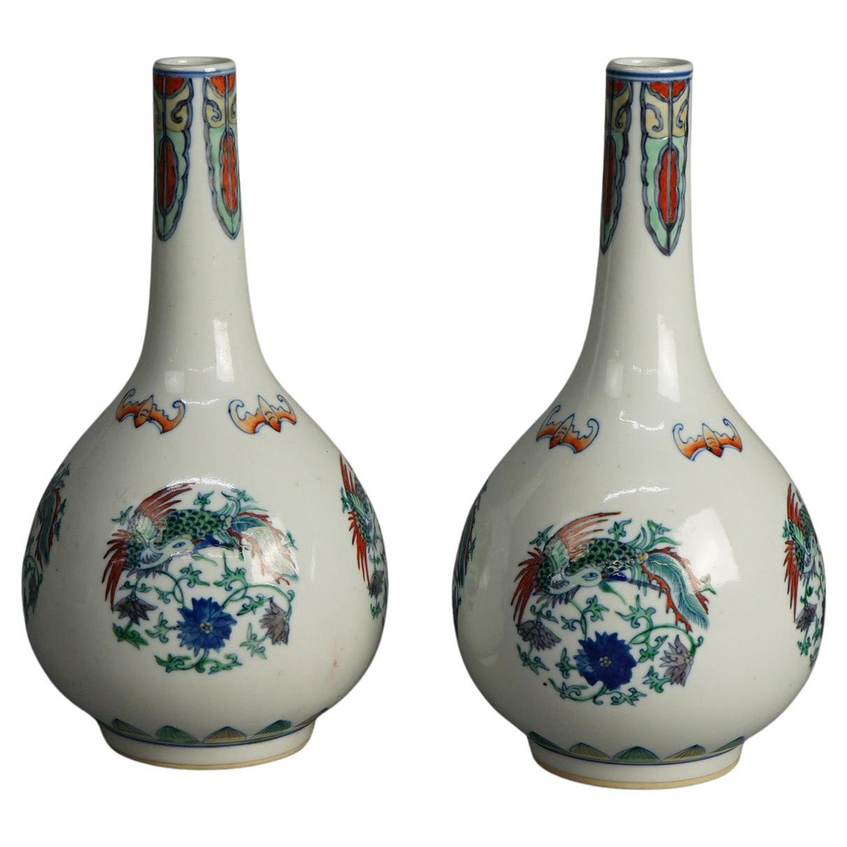 Pair of Chinese Doucai Porcelain Vases with Kangxi Mark & Pheasants 20thC For Sale