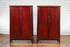 Pair of Chinese Early 20th Century Red Lacquer Side Noodle Cabinets