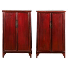 Antique Pair of Chinese Early 20th Century Red Lacquer Side Noodle Cabinets