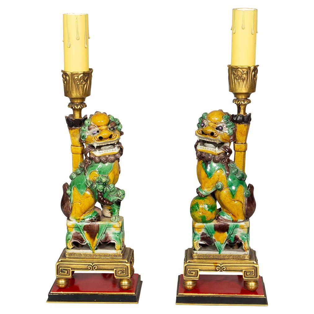 Pair of Chinese Egg and Spinach Foo Dog Joss Stick Holder Lamps