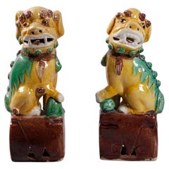 Antique pair of Chinese egg, spinach glazed foo lions/dogs, 19th c.