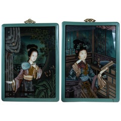 Vintage Pair of Chinese Églomisé Portraits of Ladies