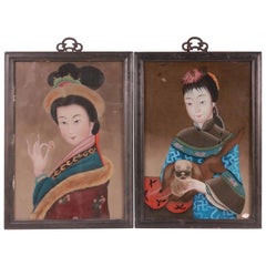 Pair of Chinese Églomisé Portraits of Women, 19th Century