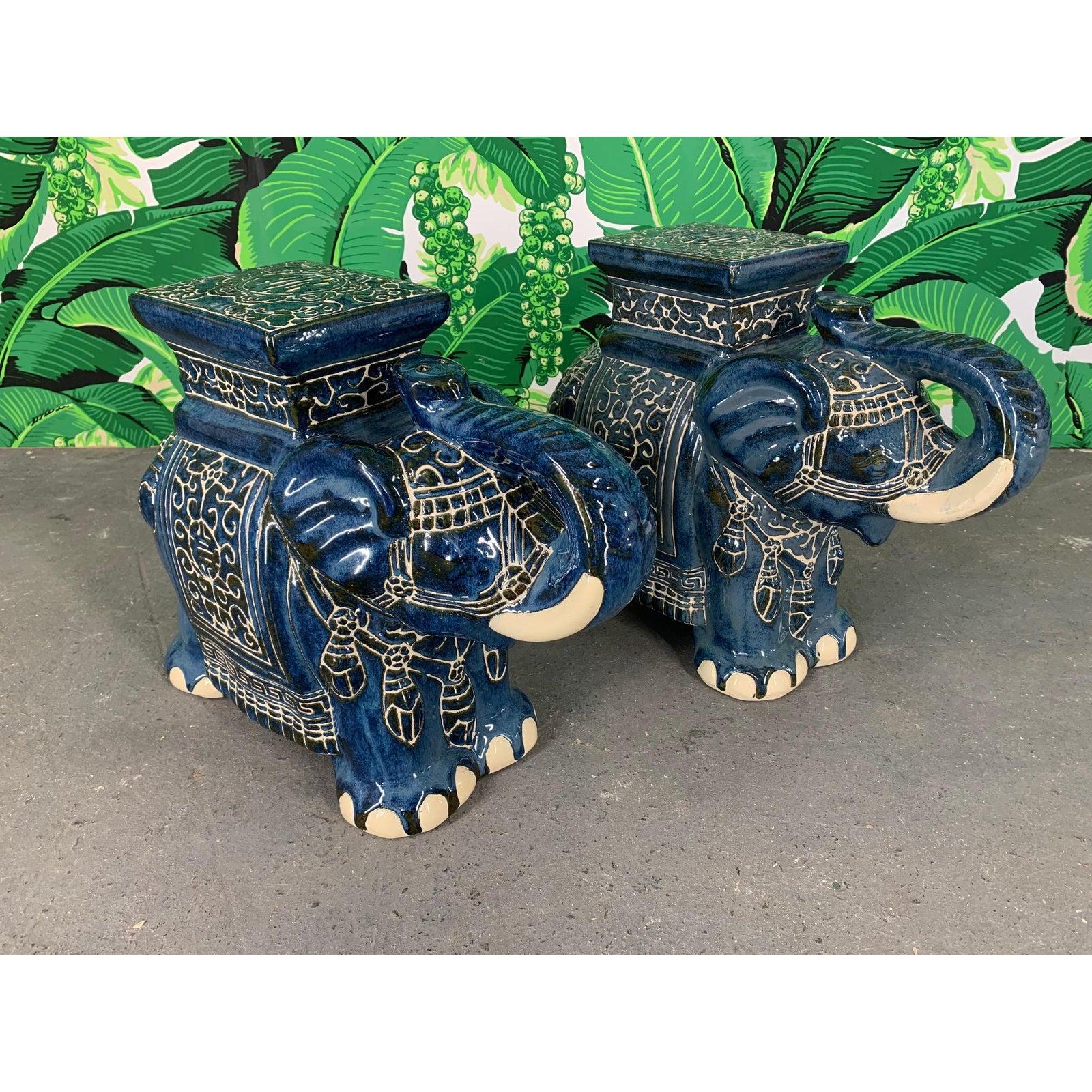 Hollywood Regency Pair of Chinese Elephant Glazed Ceramic Garden Stools