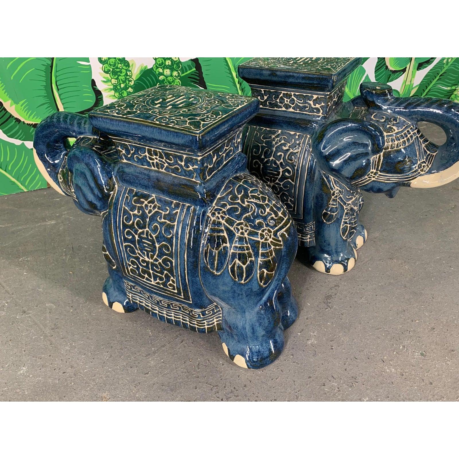 Pair of Chinese Elephant Glazed Ceramic Garden Stools In Good Condition In Jacksonville, FL
