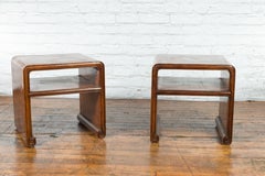 Pair of Chinese Elm and Bamboo Waterfall Side Tables with Opium Mat Tops