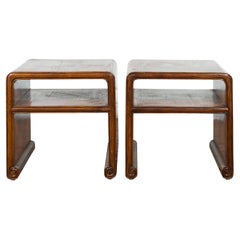 Pair of Chinese Elm and Bamboo Waterfall Side Tables with Opium Mat Tops