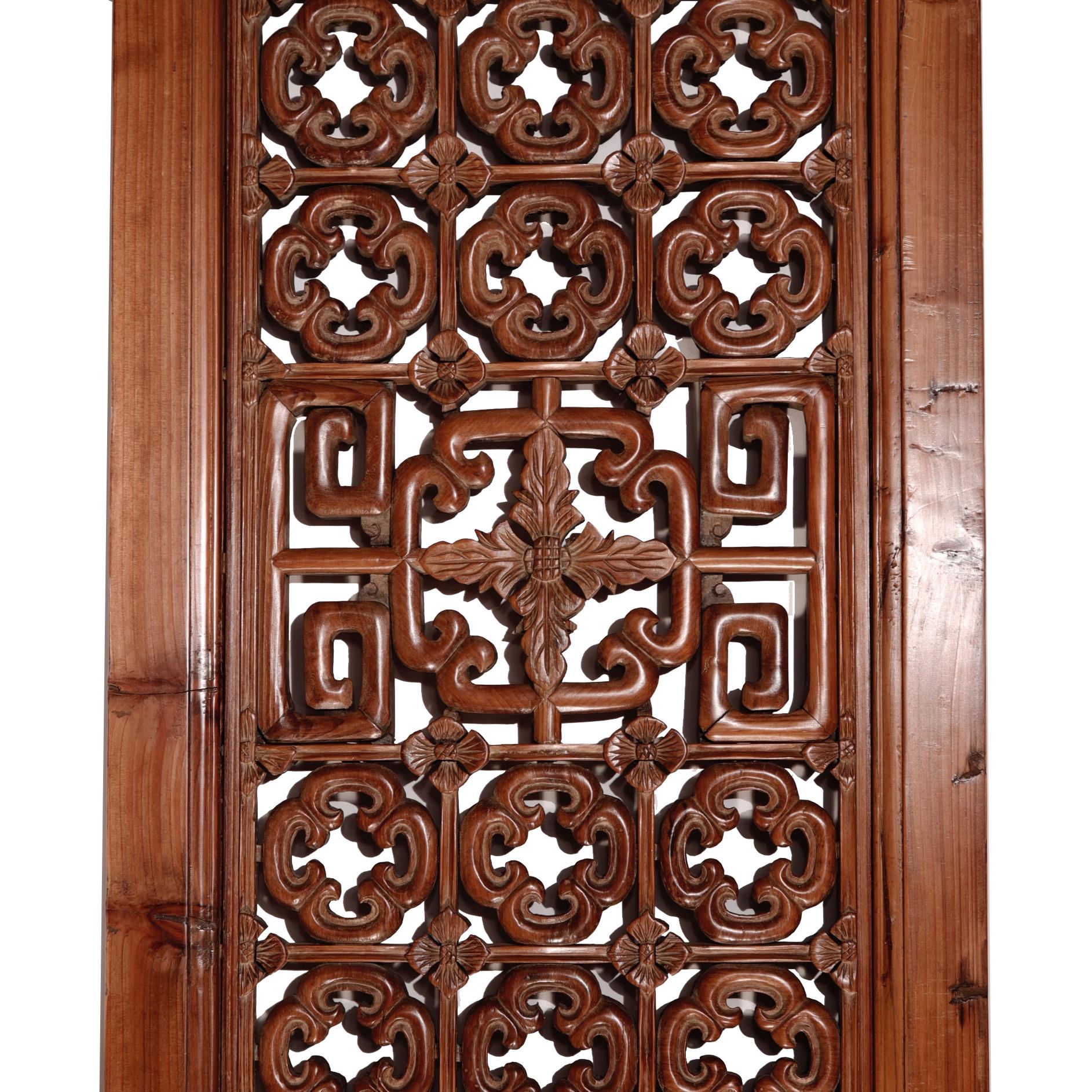 Chinoiserie Pair of Chinese Elm and Cypress Carved Door Panels