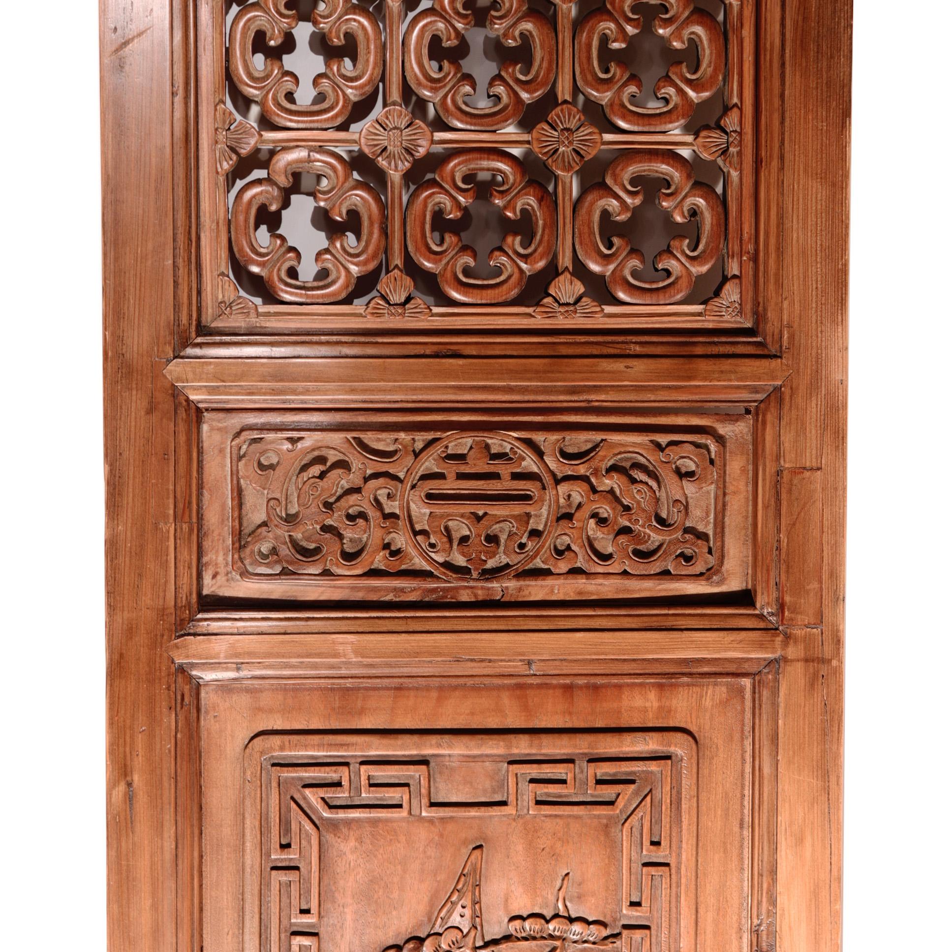 Hand-Carved Pair of Chinese Elm and Cypress Carved Door Panels