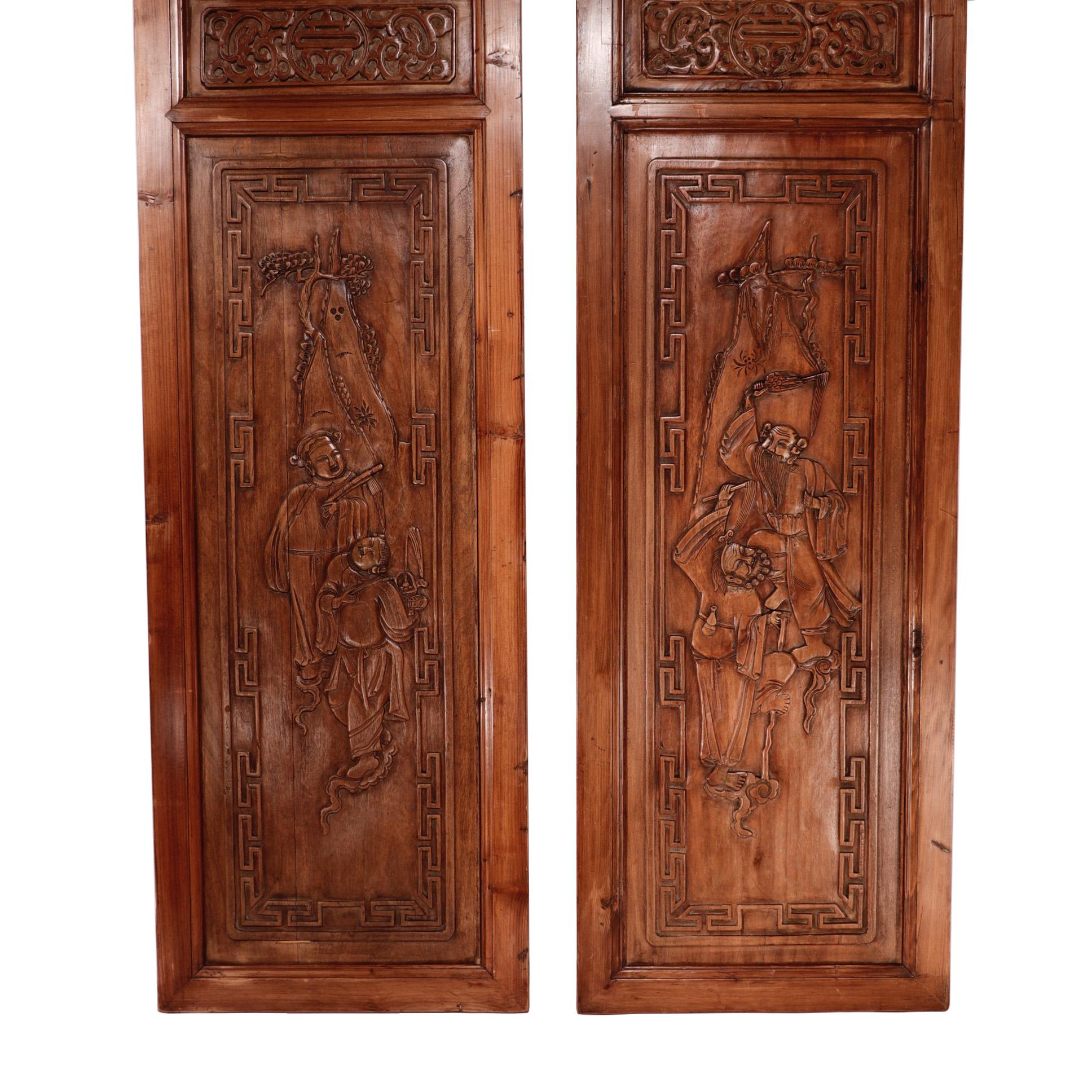 Pair of Chinese Elm and Cypress Carved Door Panels In Good Condition In New York, NY