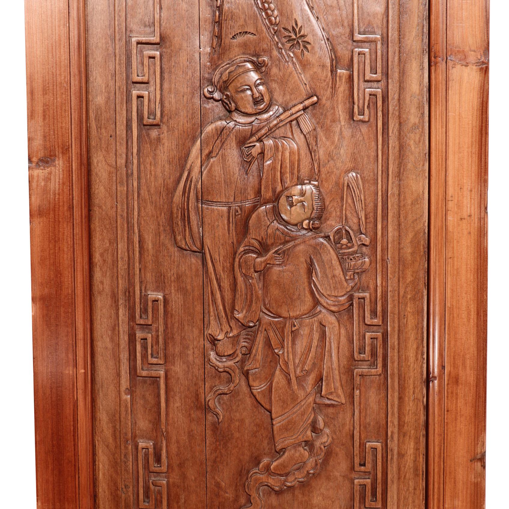 20th Century Pair of Chinese Elm and Cypress Carved Door Panels