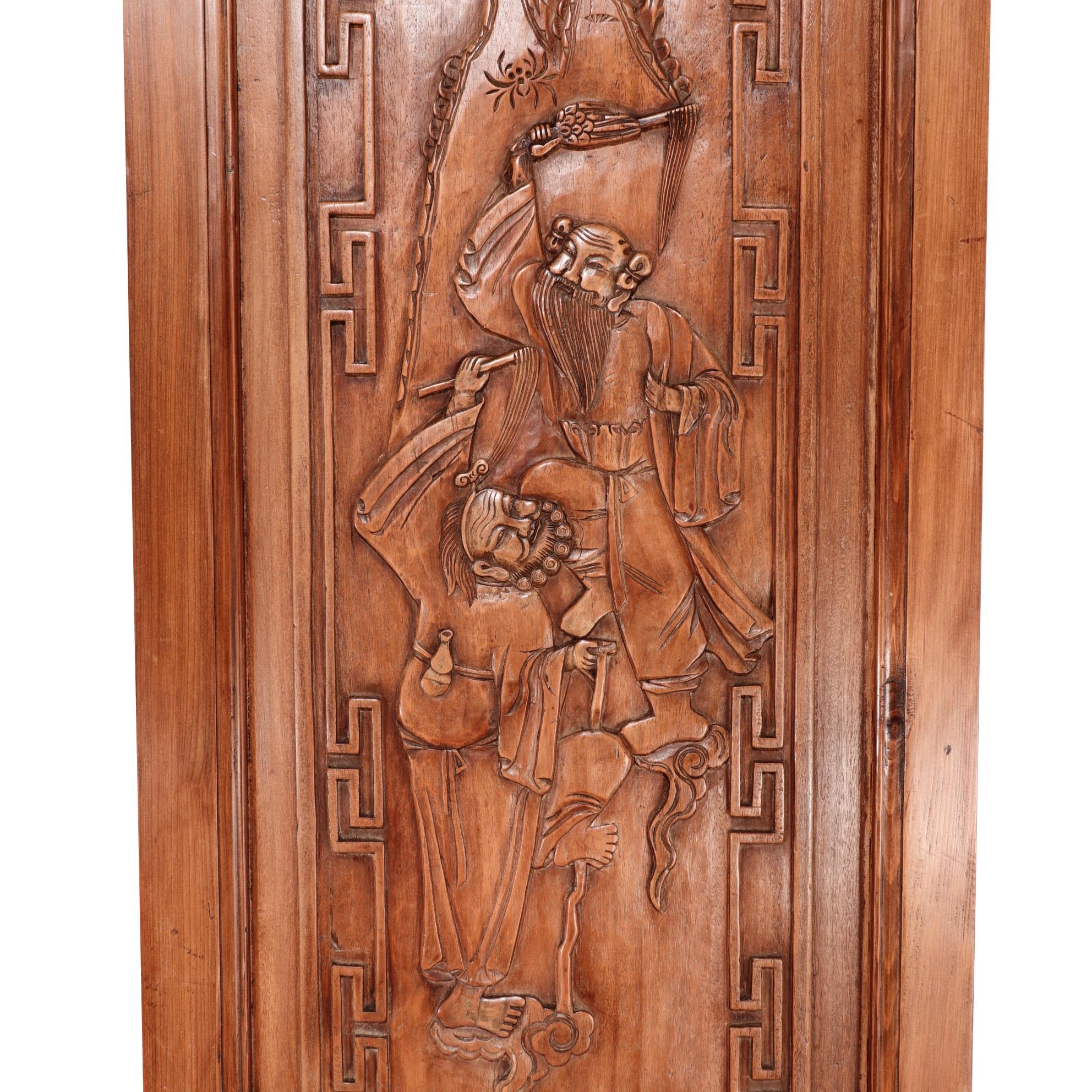 Wood Pair of Chinese Elm and Cypress Carved Door Panels