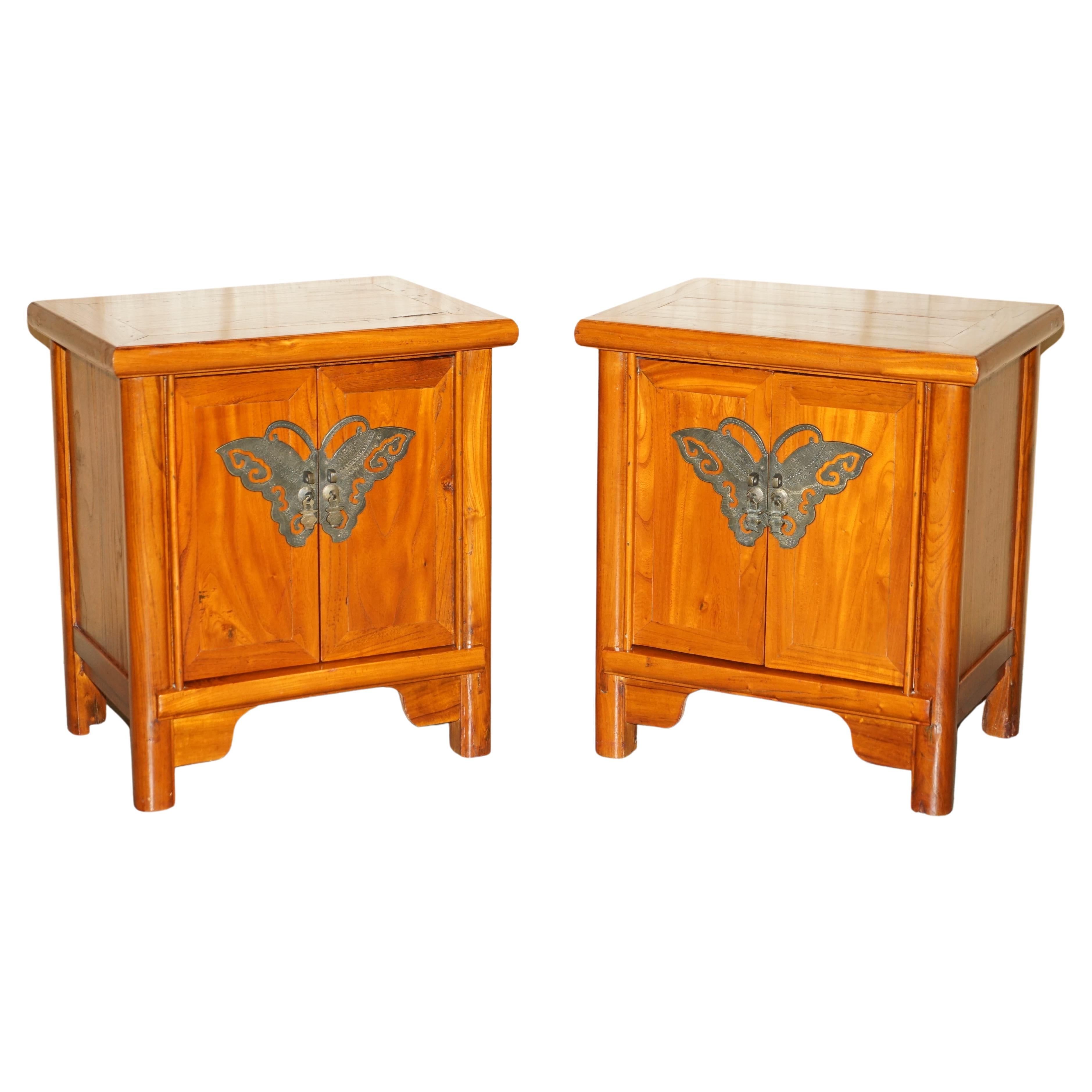 Pair of Chinese Elm Butterfly Handle Bedside Side End Lamp Wine Tables Cupboards For Sale