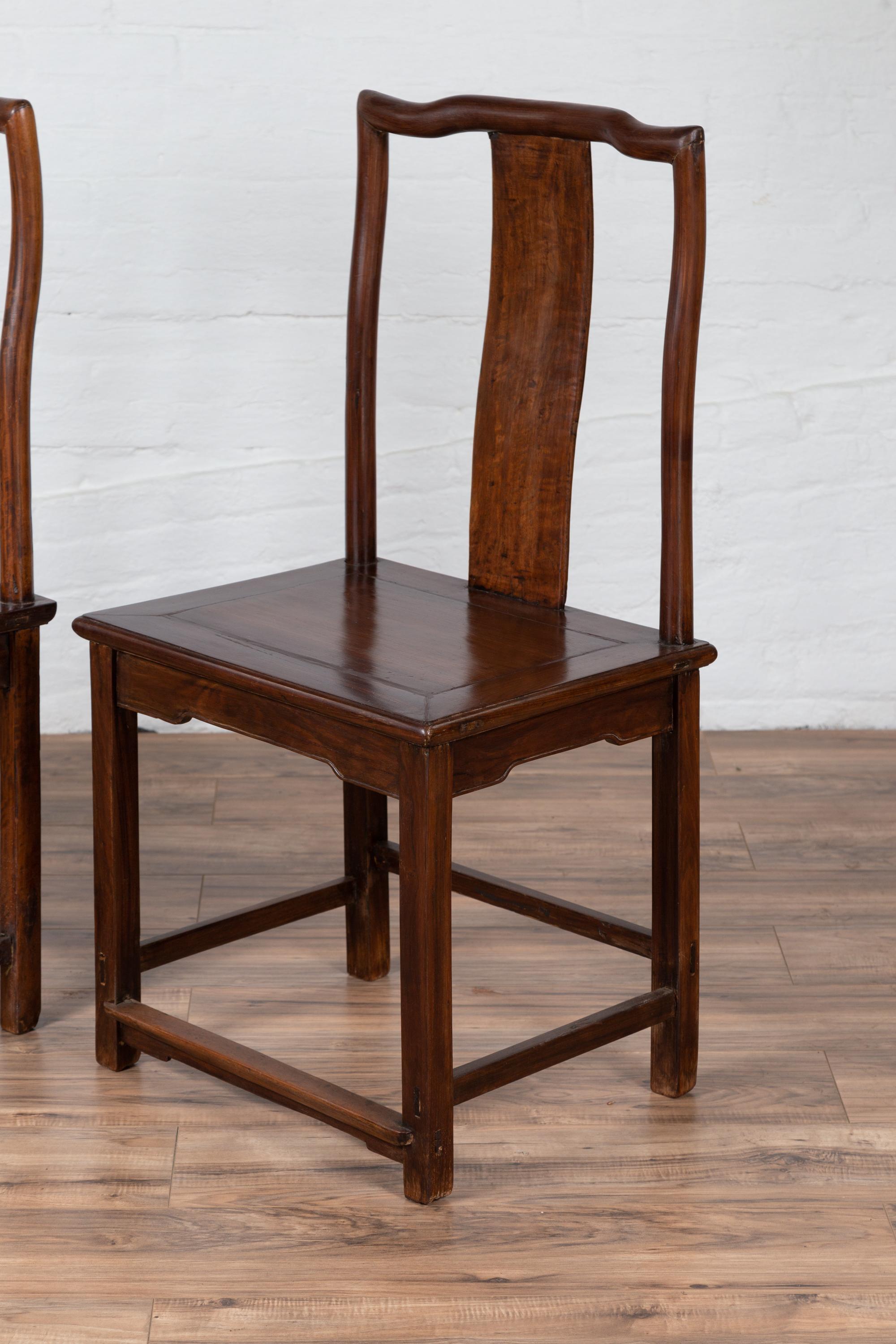 Pair of Chinese Elm Dark Patina Scholar's Ceremonial Chairs with Sinuous Splats For Sale 9