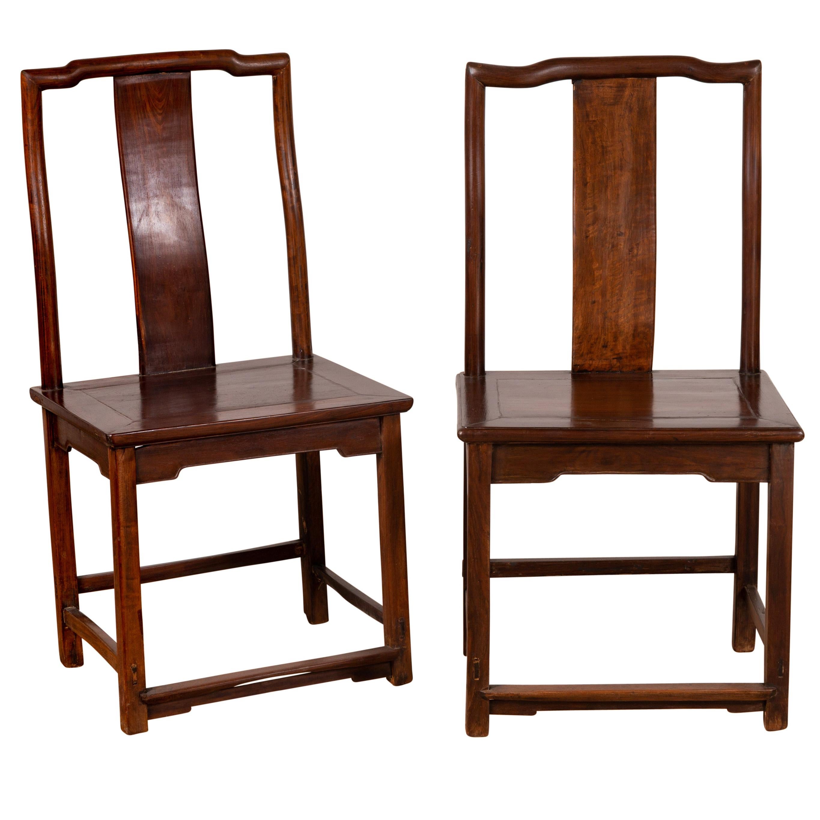 Pair of Chinese Elm Dark Patina Scholar's Ceremonial Chairs with Sinuous Splats For Sale