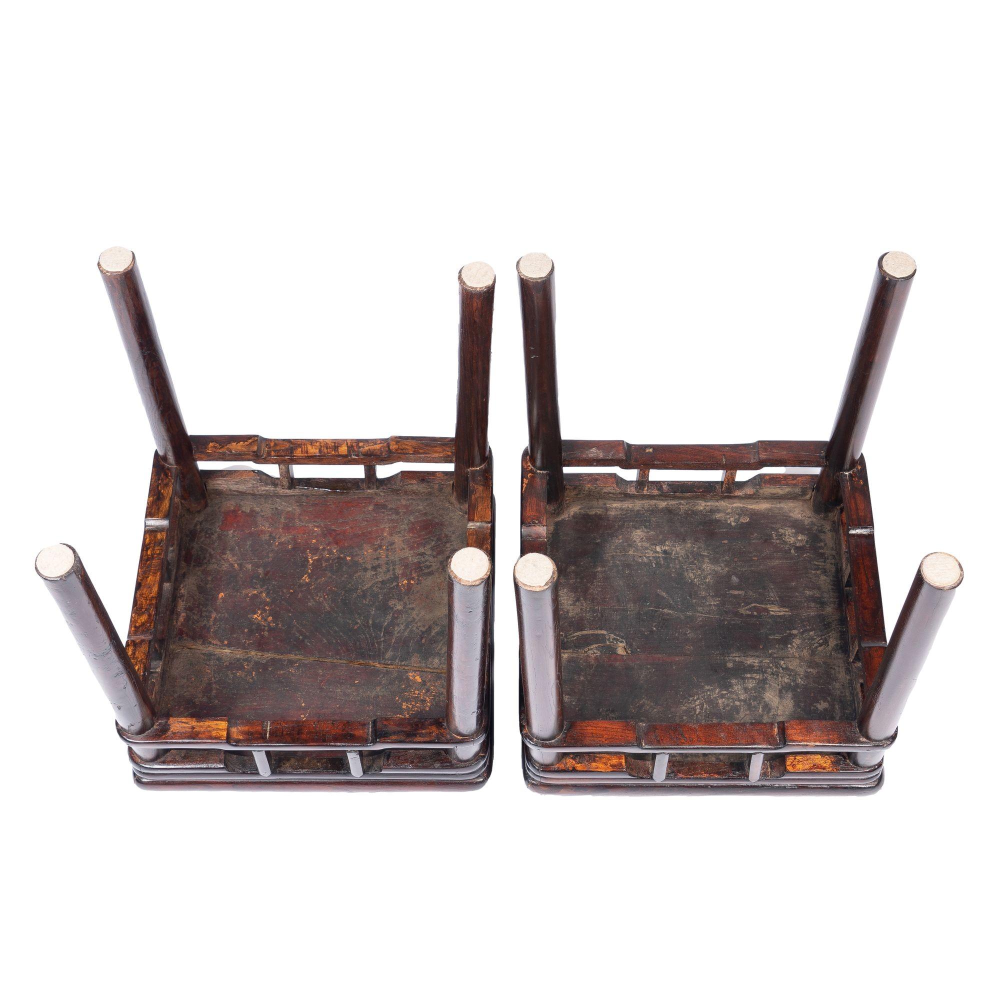Pair of Chinese Elm Stools with Hump Back Rail, 1780-1820 For Sale 8