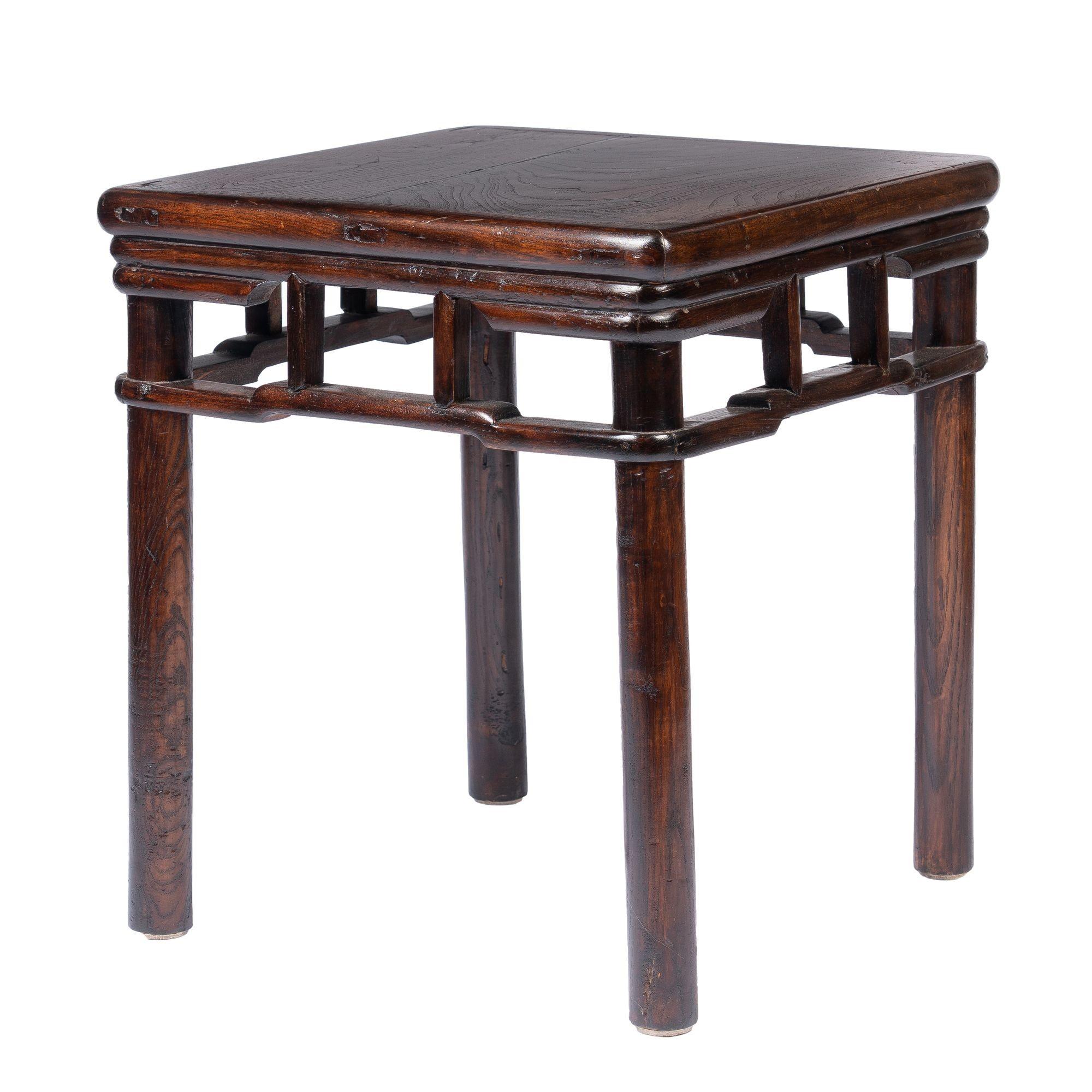18th Century Pair of Chinese Elm Stools with Hump Back Rail, 1780-1820 For Sale