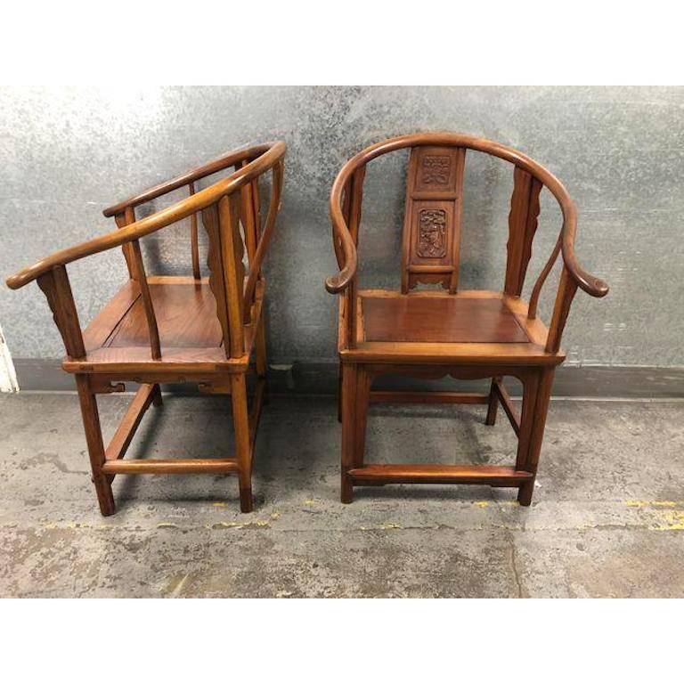 Chinese Export Pair of Chinese Elm Wood Chairs