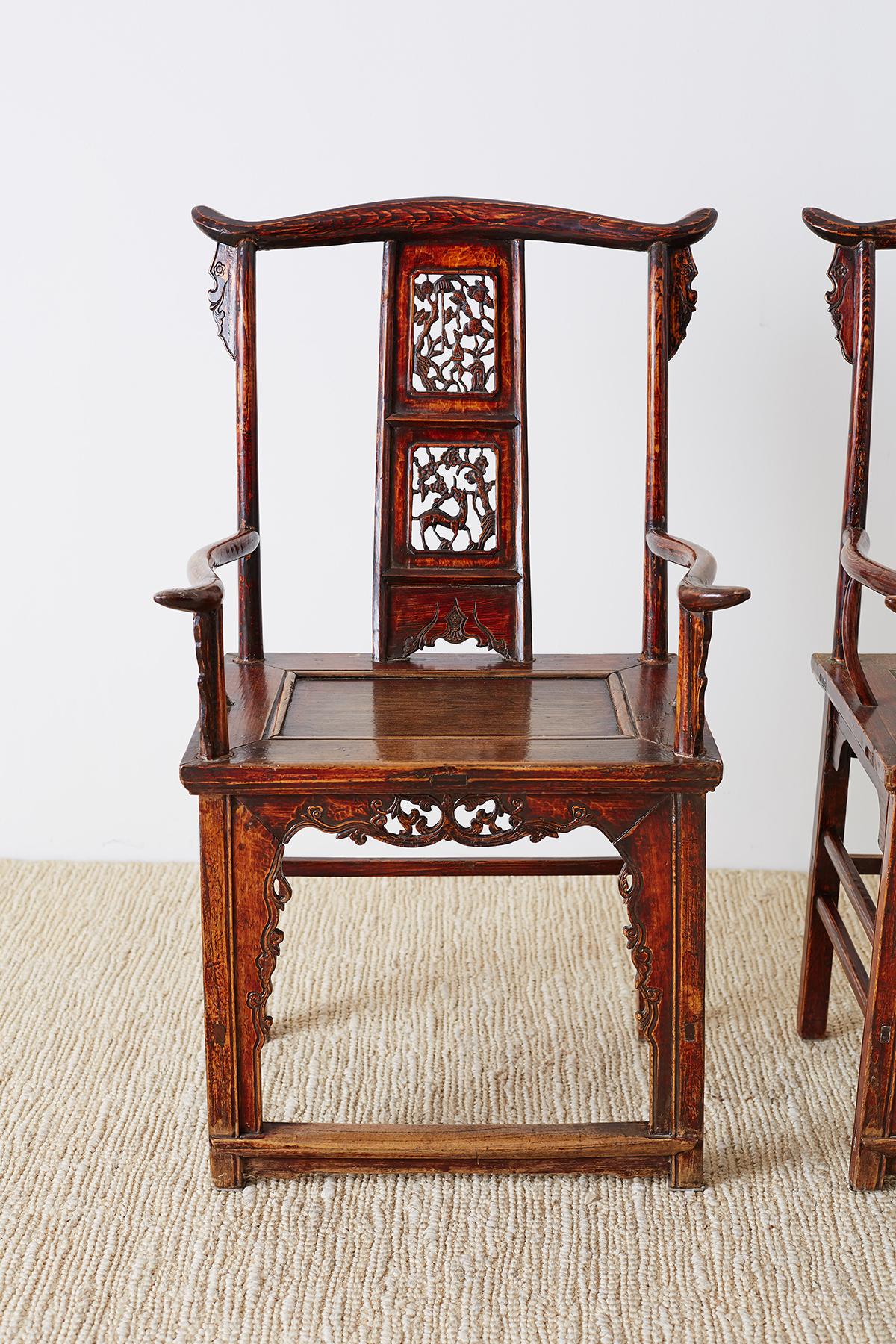 Pair of Chinese Elm Yoke Back Officials Hat Chairs For Sale 10