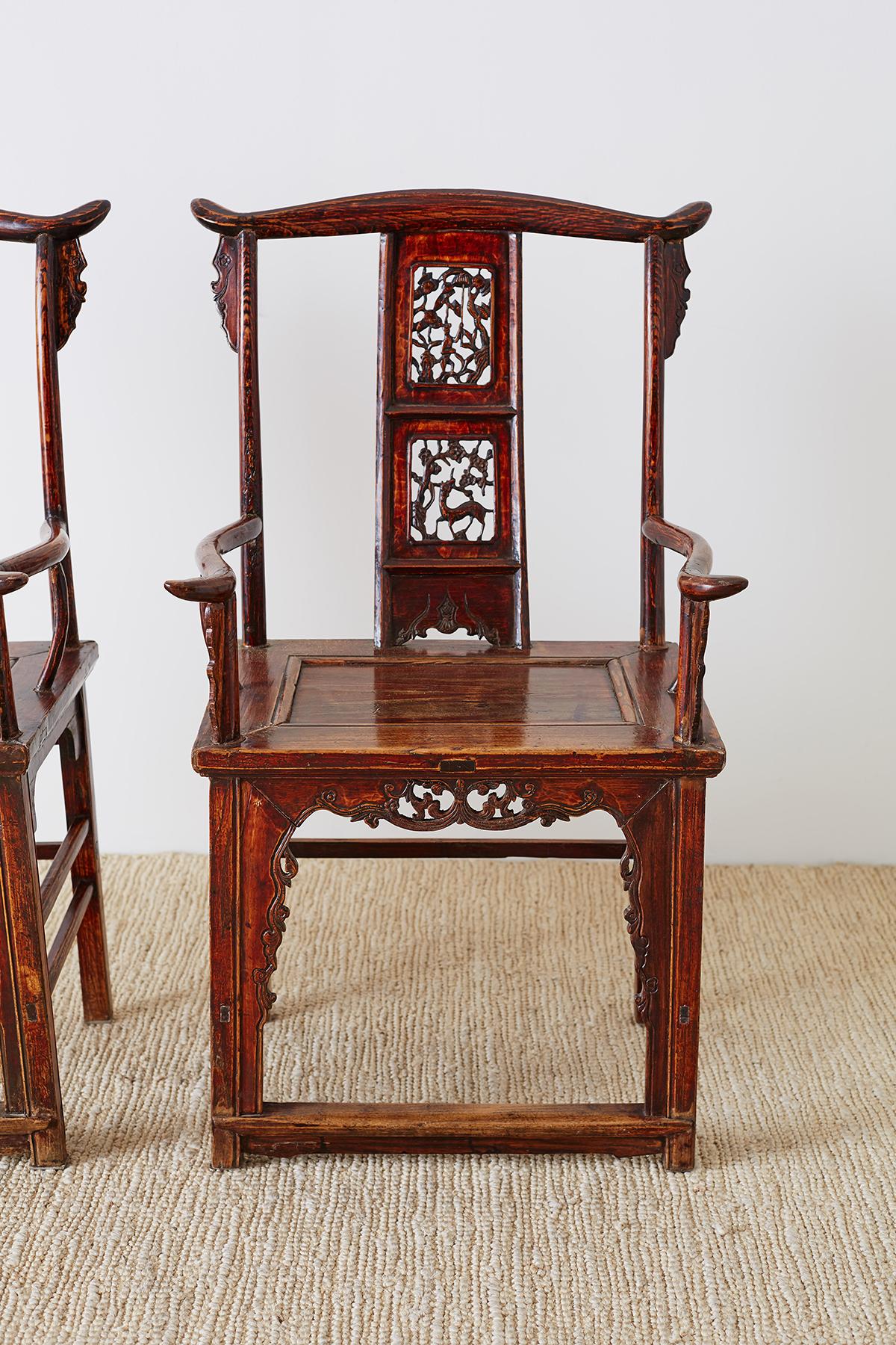 Pair of Chinese Elm Yoke Back Officials Hat Chairs For Sale 11