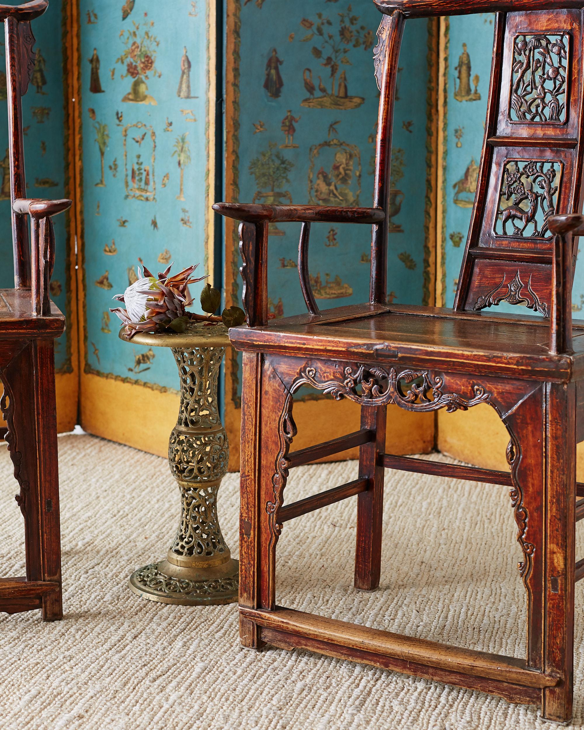 20th Century Pair of Chinese Elm Yoke Back Officials Hat Chairs For Sale