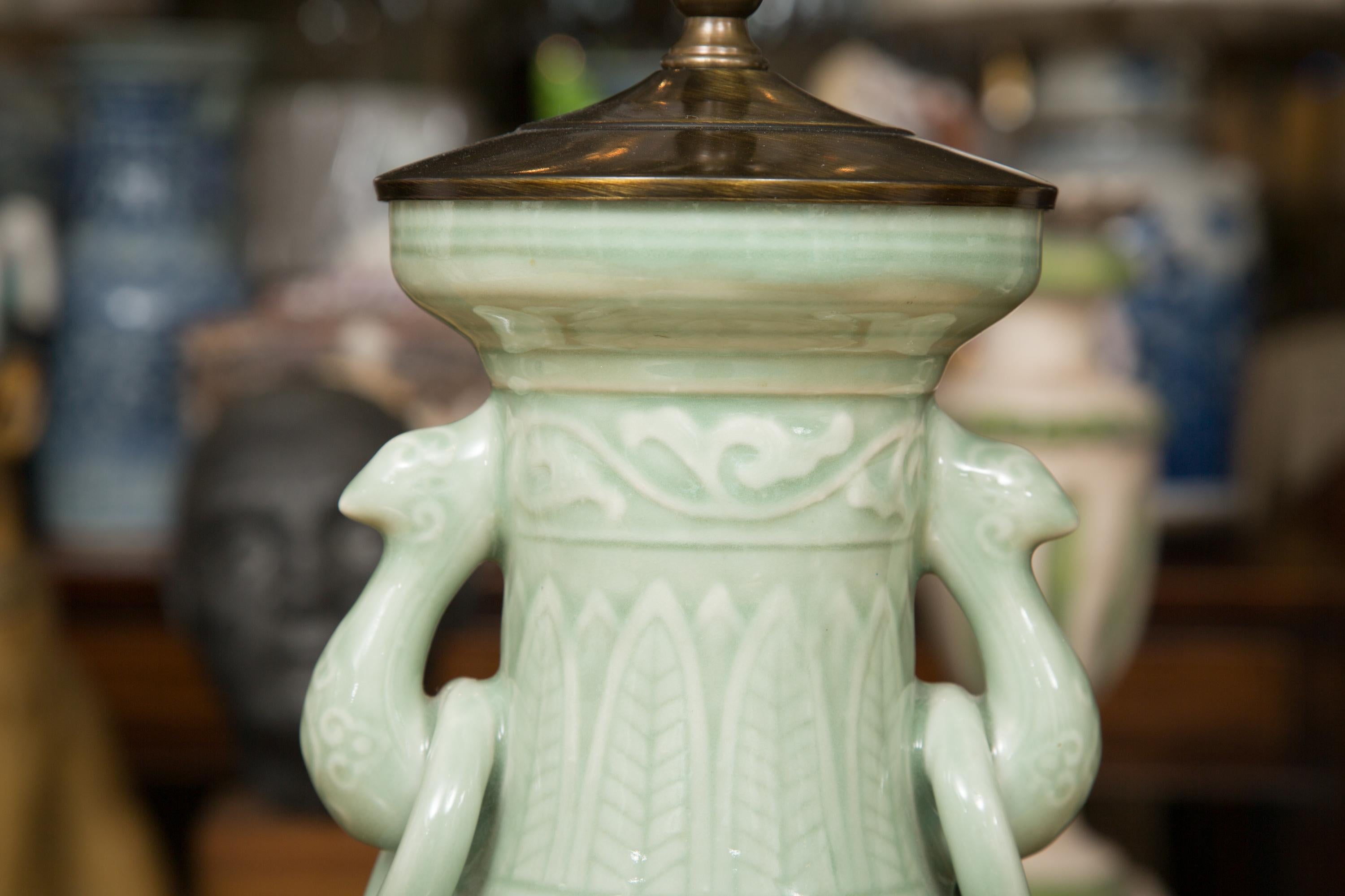 Glazed Pair of Chinese Embossed Celadon Lamps